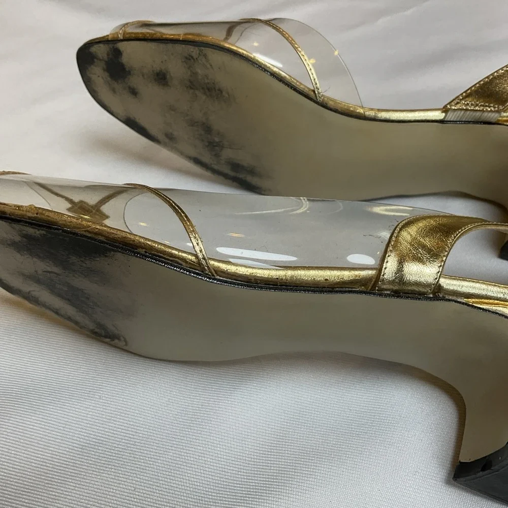 Jack Rogers Gold & Clear Vinyl Slingback Heels Style Dia-X-Lo Size 10 Vintage